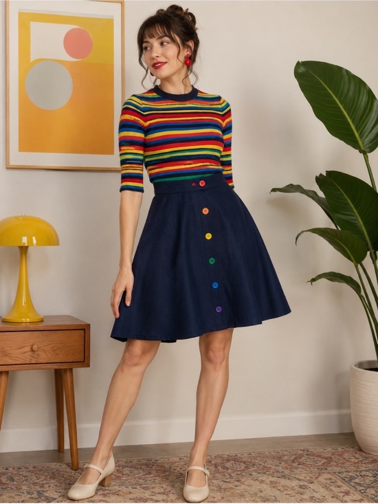 Modcloth Dresses & Skirts - ModCloth Rainbow Button Navy Blue Circle Skirt Size Large Retro Rockabilly